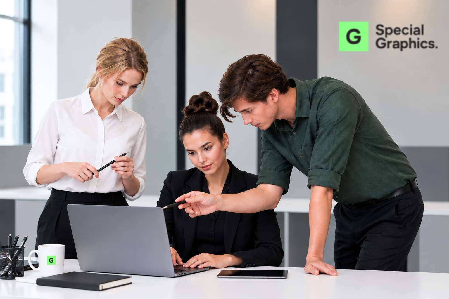 Special Graphics creative team collaborating around a laptop