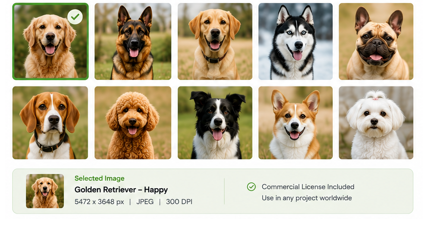 Dog Selection Grid and Selected Image Metadata Card